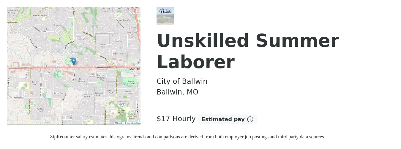 City of Ballwin job posting for a Unskilled Summer Laborer in Ballwin, MO with a salary of $18 Hourly with a map of Ballwin location.