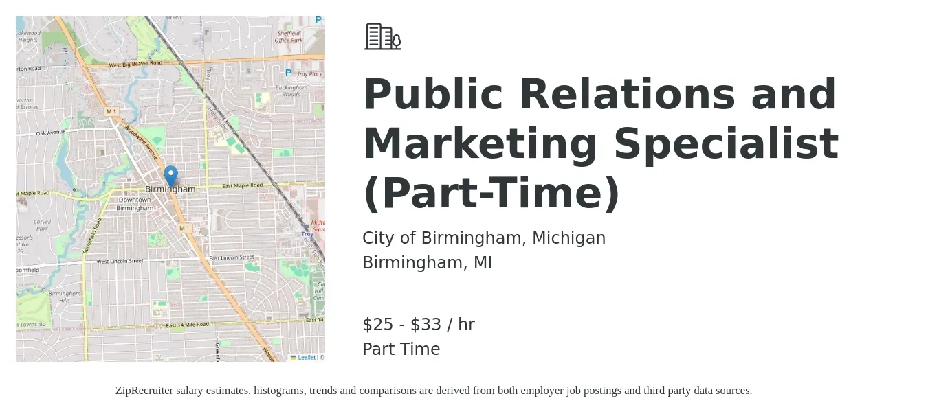 City of Birmingham, Michigan job posting for a Public Relations and Marketing Specialist (Part-Time) in Birmingham, MI with a salary of $27 to $35 Hourly with a map of Birmingham location.