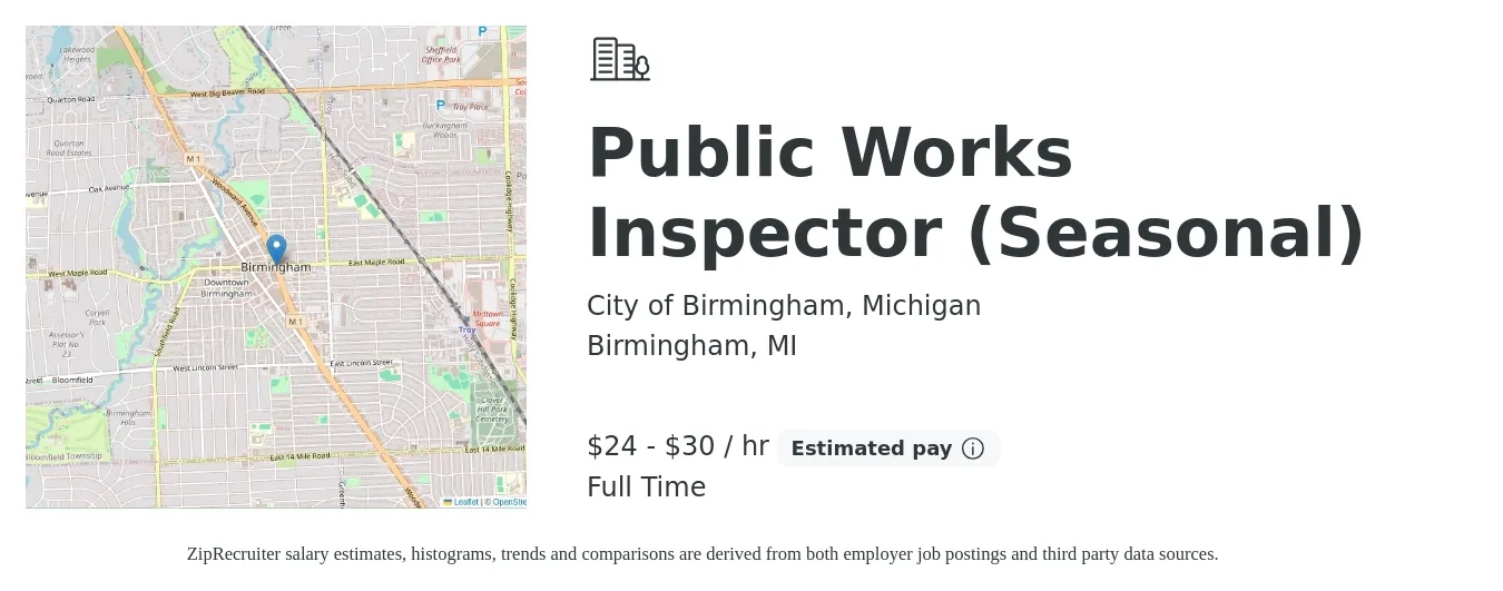 City of Birmingham, Michigan job posting for a Public Works Inspector (Seasonal) in Birmingham, MI with a salary of $25 to $32 Hourly with a map of Birmingham location.