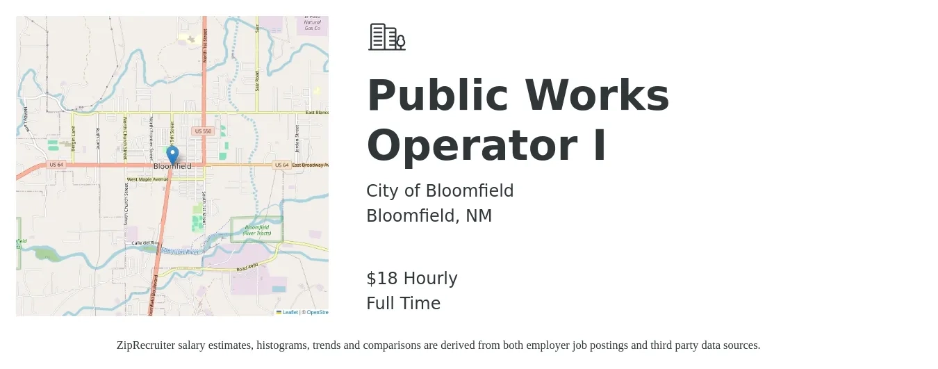 City of Bloomfield job posting for a Public Works Operator I in Bloomfield, NM with a salary of $19 Hourly with a map of Bloomfield location.