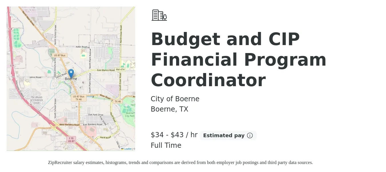 City of Boerne job posting for a Budget and CIP Financial Program Coordinator in Boerne, TX with a salary of $36 to $45 Hourly with a map of Boerne location.