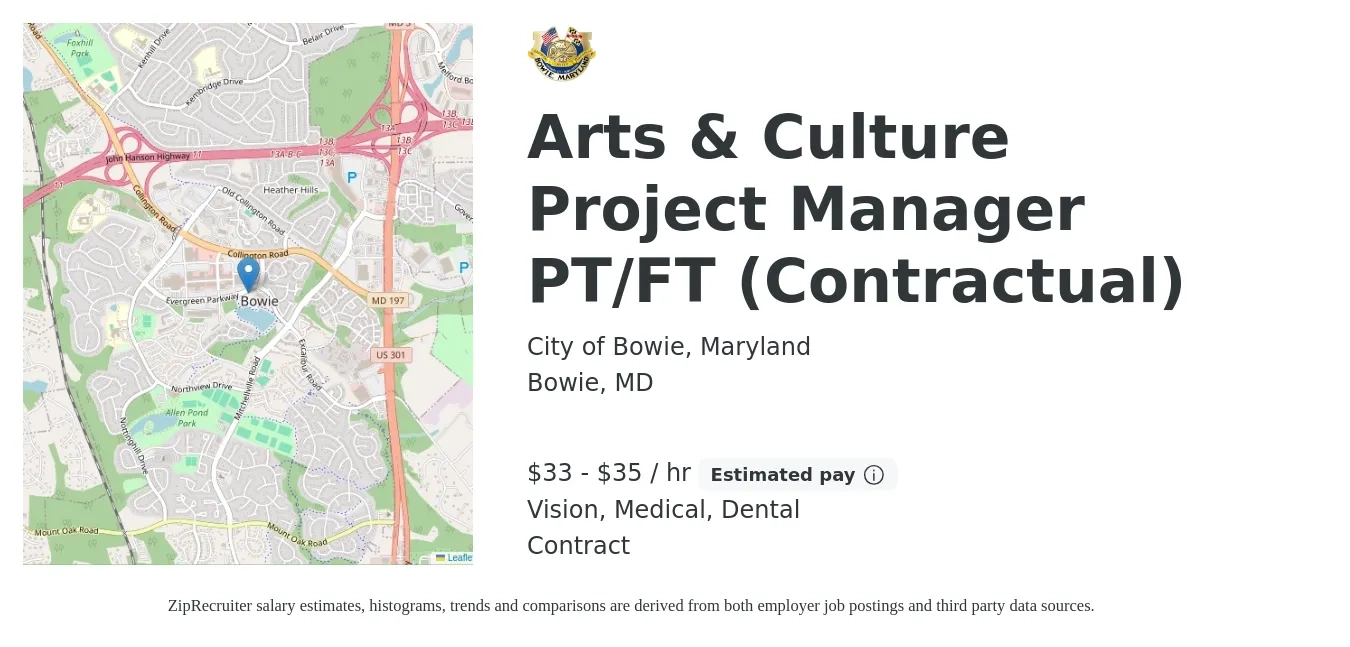 City of Bowie, Maryland job posting for a Arts & Culture Project Manager PT/FT (Contractual) in Bowie, MD with a salary of $35 to $37 Hourly and benefits including dental, life_insurance, medical, retirement, and vision with a map of Bowie location.