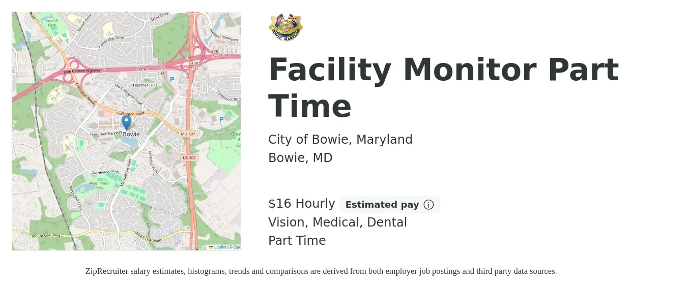 City of Bowie, Maryland job posting for a Facility Monitor Part Time in Bowie, MD with a salary of $17 Hourly and benefits including dental, life_insurance, medical, retirement, and vision with a map of Bowie location.
