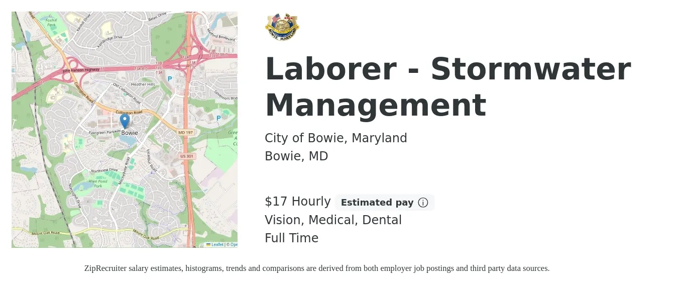 City of Bowie, Maryland job posting for a Laborer - Stormwater Management in Bowie, MD with a salary of $18 Hourly and benefits including vision, dental, life_insurance, medical, and retirement with a map of Bowie location.