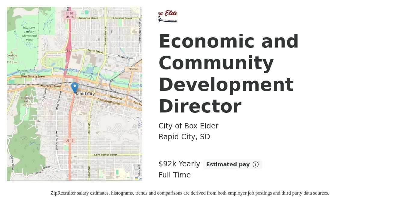 City of Box Elder job posting for a Economic and Community Development Director in Rapid City, SD with a salary of $92,503 Yearly with a map of Rapid City location.