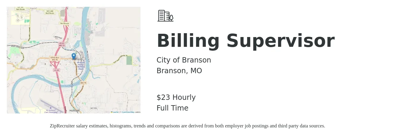 City of Branson job posting for a Billing Supervisor in Branson, MO with a salary of $24 Hourly with a map of Branson location.