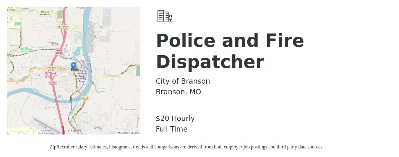 City of Branson job posting for a Police and Fire Dispatcher in Branson, MO with a salary of $21 Hourly with a map of Branson location.