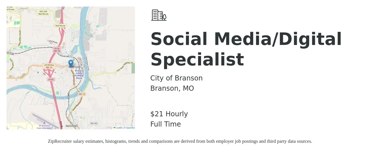 City of Branson job posting for a Social Media/Digital Specialist in Branson, MO with a salary of $23 Hourly with a map of Branson location.