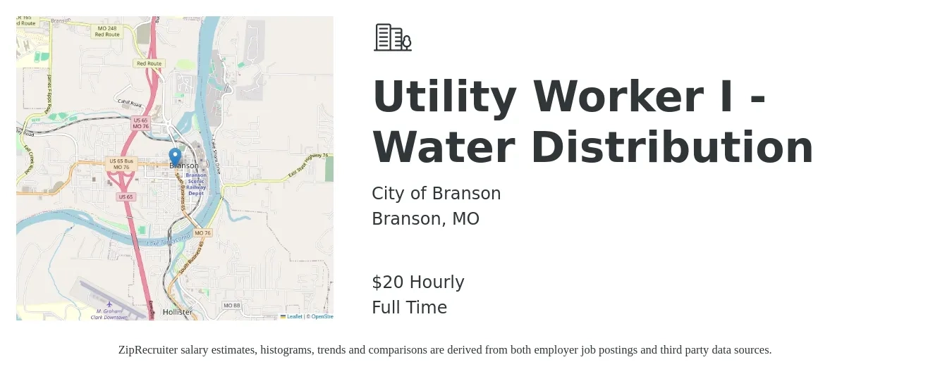 City of Branson job posting for a Utility Worker I - Water Distribution in Branson, MO with a salary of $21 Hourly with a map of Branson location.