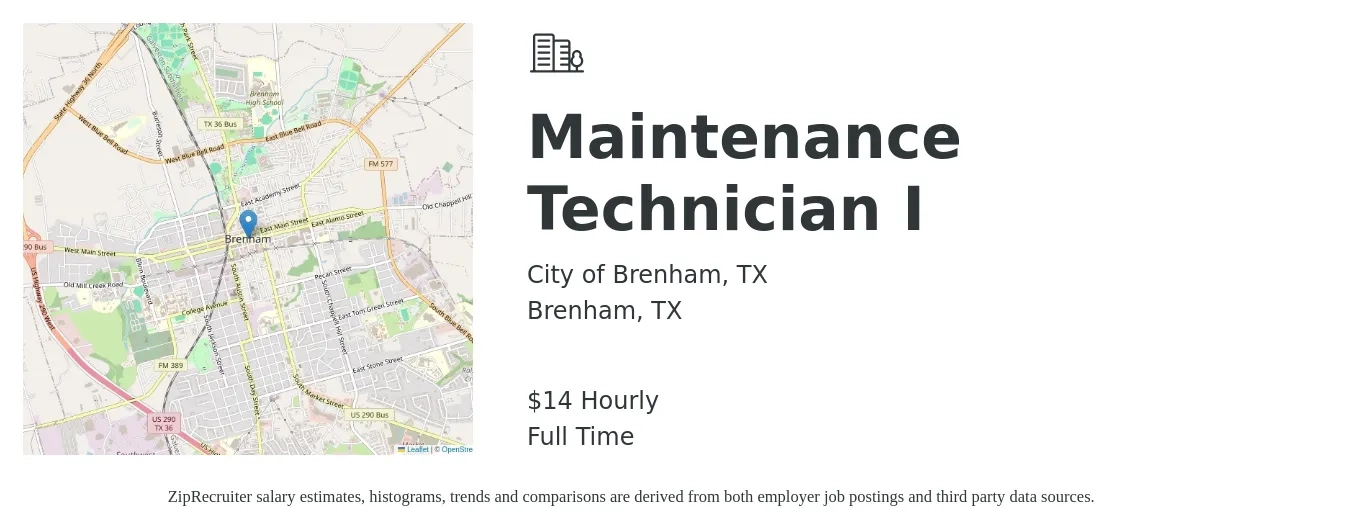City of Brenham, TX job posting for a Maintenance Technician I in Brenham, TX with a salary of $15 Hourly with a map of Brenham location.