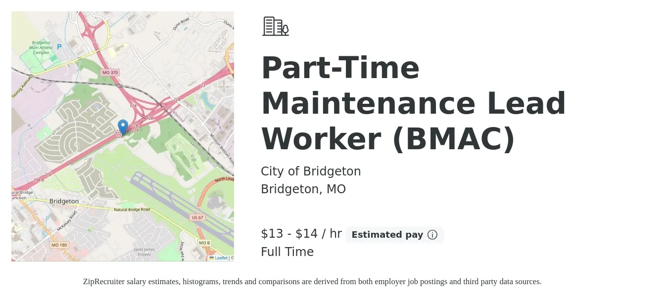 City of Bridgeton job posting for a Part-Time Maintenance Lead Worker (BMAC) in Bridgeton, MO with a salary of $14 to $15 Hourly with a map of Bridgeton location.