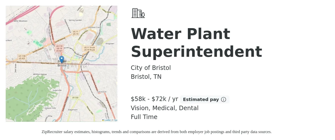 City of Bristol job posting for a Water Plant Superintendent in Bristol, TN with a salary of $58,374 to $72,968 Yearly and benefits including dental, life_insurance, medical, pto, retirement, and vision with a map of Bristol location.