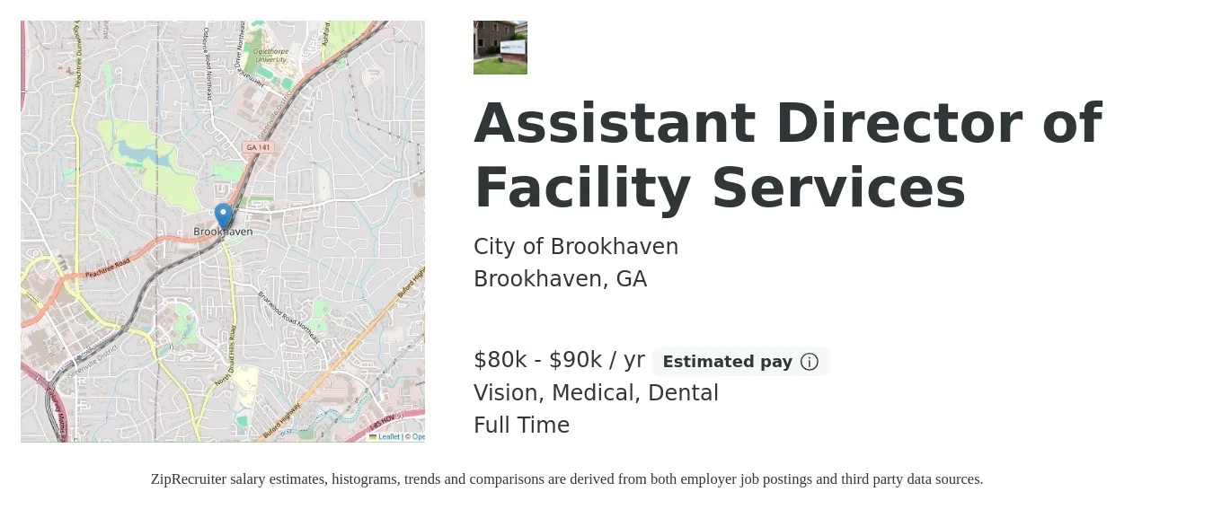 City of Brookhaven job posting for a Assistant Director of Facility Services in Brookhaven, GA with a salary of $80,620 to $90,620 Yearly and benefits including medical, pto, retirement, vision, dental, and life_insurance with a map of Brookhaven location.