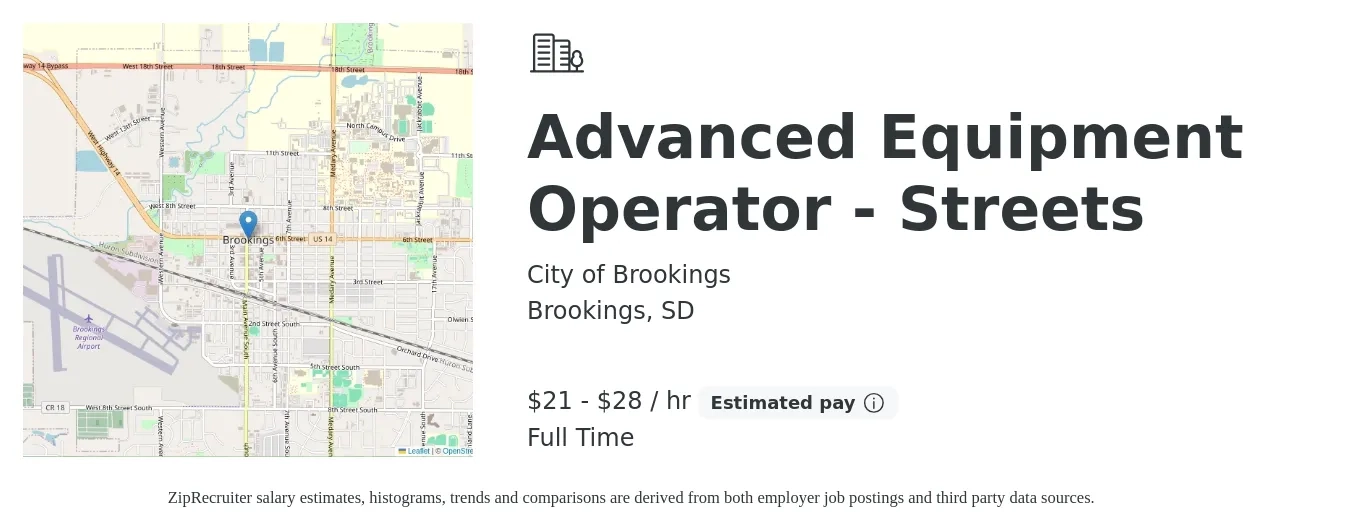 City of Brookings job posting for a Advanced Equipment Operator - Streets in Brookings, SD with a salary of $22 to $30 Hourly with a map of Brookings location.