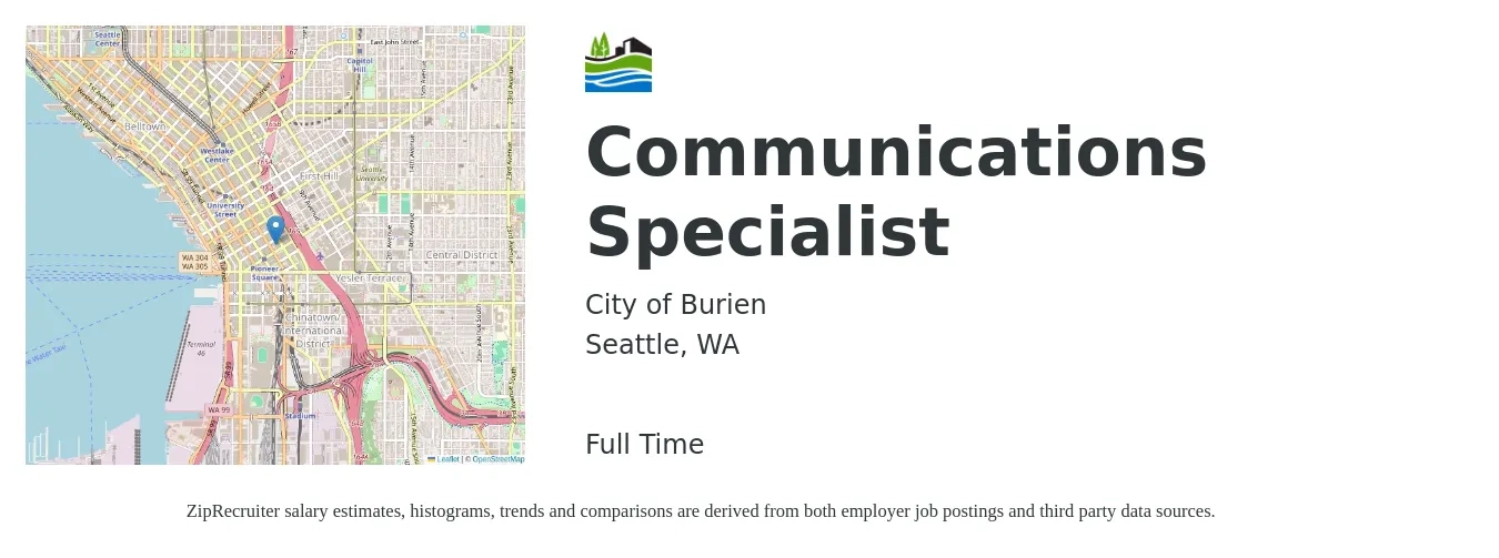City of Burien job posting for a Communications Specialist in Seattle, WA with a salary of $42 to $52 Hourly with a map of Seattle location.