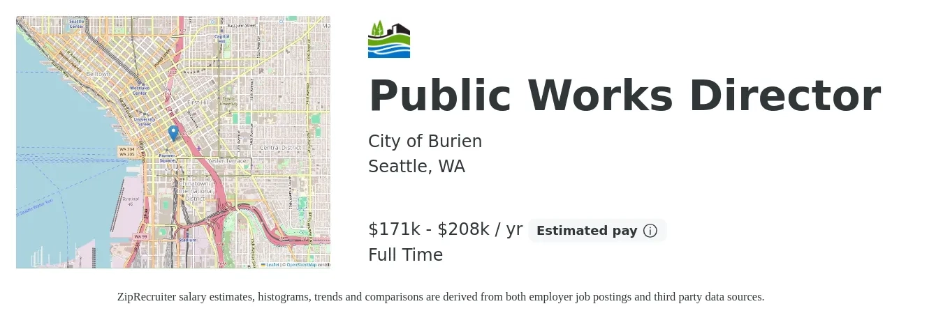 City of Burien job posting for a Public Works Director in Seattle, WA with a salary of $171,908 to $208,956 Yearly with a map of Seattle location.