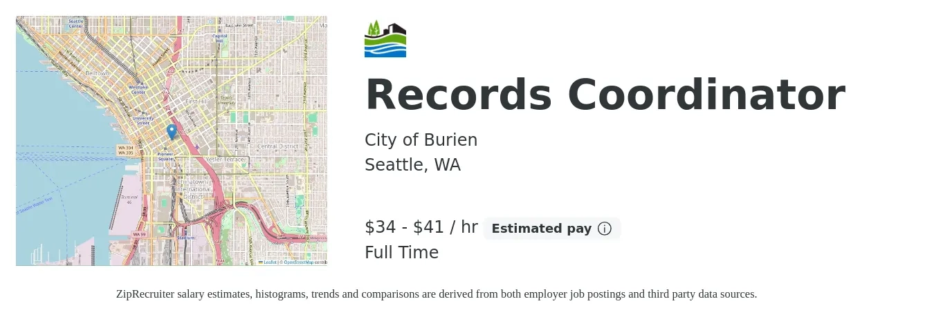 City of Burien job posting for a Records Coordinator in Seattle, WA with a salary of $36 to $43 Hourly with a map of Seattle location.