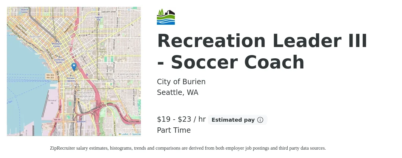 City of Burien job posting for a Recreation Leader III - Soccer Coach in Seattle, WA with a salary of $20 to $24 Hourly with a map of Seattle location.
