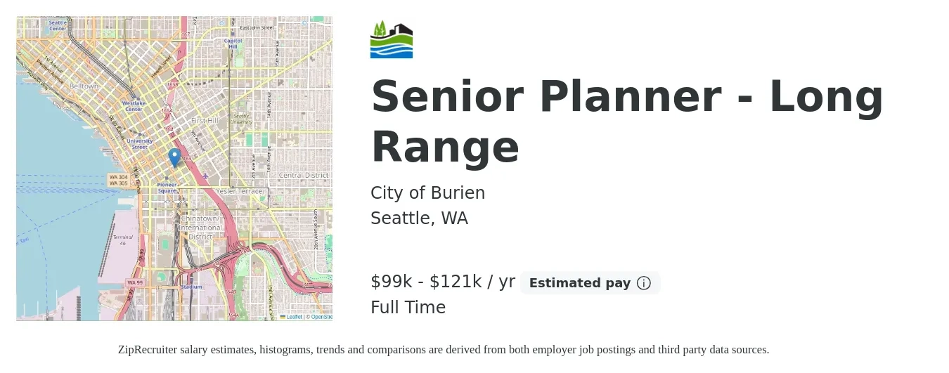 City of Burien job posting for a Senior Planner - Long Range in Seattle, WA with a salary of $99,855 to $121,375 Yearly with a map of Seattle location.
