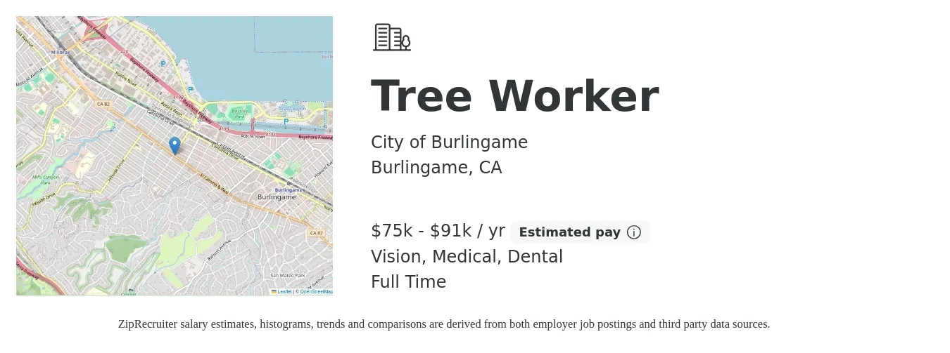City of Burlingame job posting for a Tree Worker in Burlingame, CA with a salary of $75,639 to $91,689 Yearly and benefits including dental, life_insurance, medical, pto, retirement, and vision with a map of Burlingame location.