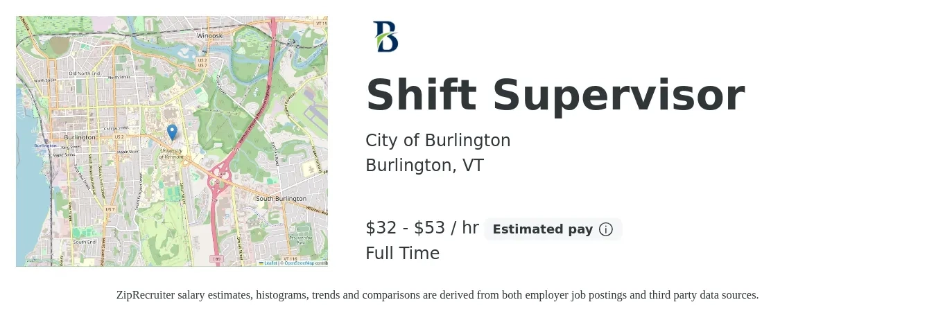 City of Burlington job posting for a Shift Supervisor in Burlington, VT with a salary of $34 to $55 Hourly with a map of Burlington location.