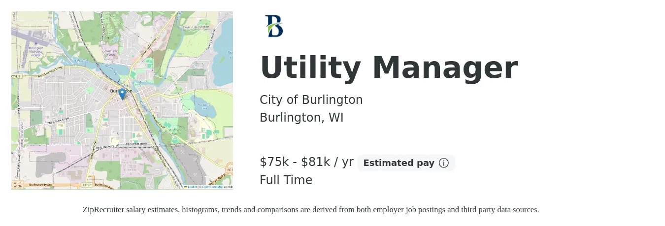 City of Burlington job posting for a Utility Manager in Burlington, WI with a salary of $75,275 to $81,369 Yearly with a map of Burlington location.
