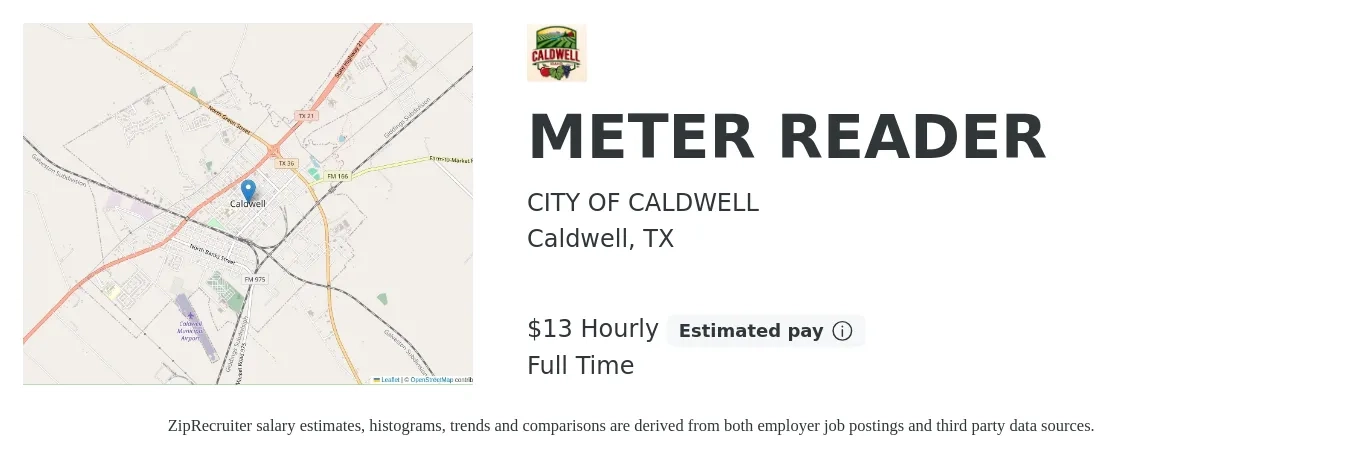 CITY OF CALDWELL job posting for a METER READER in Caldwell, TX with a salary of $14 Hourly with a map of Caldwell location.