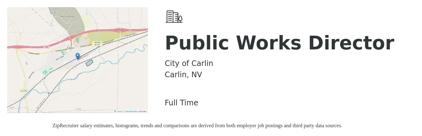City of Carlin job posting for a Public Works Director in Carlin, NV with a salary of $103,400 to $155,900 Yearly with a map of Carlin location.
