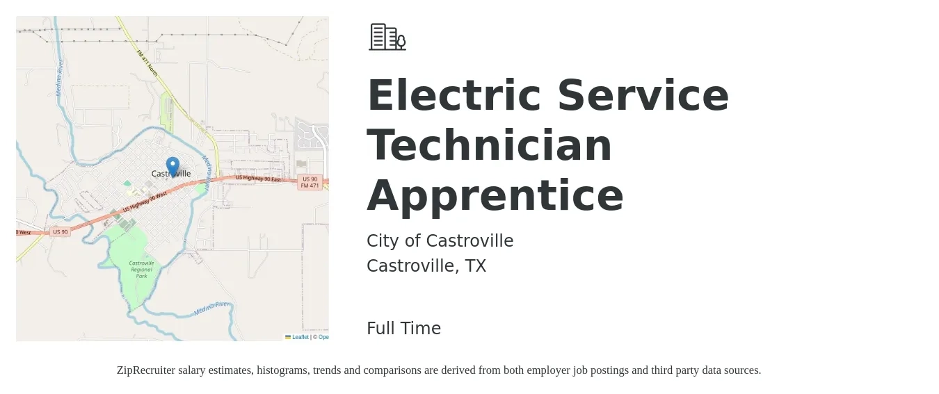 City of Castroville job posting for a Electric Service Technician Apprentice in Castroville, TX with a salary of $16 to $21 Hourly with a map of Castroville location.