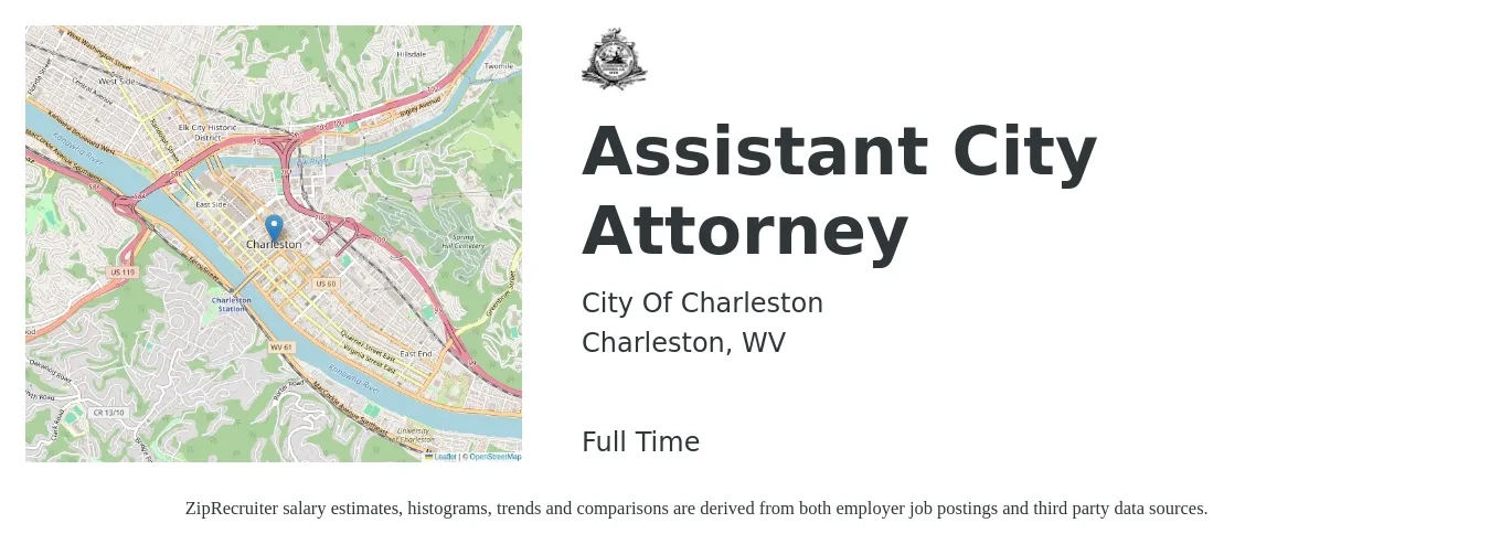 City Of Charleston job posting for a Assistant City Attorney in Charleston, WV with a salary of $87,000 to $133,600 Yearly with a map of Charleston location.