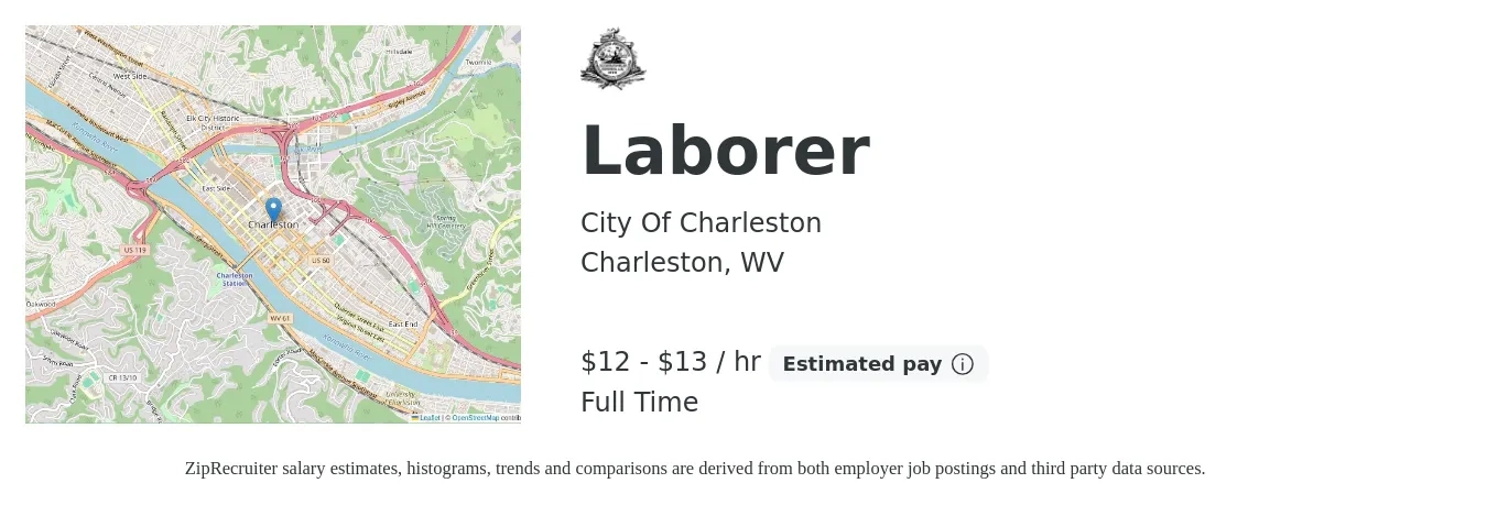 City Of Charleston job posting for a Laborer in Charleston, WV with a salary of $13 to $14 Hourly with a map of Charleston location.