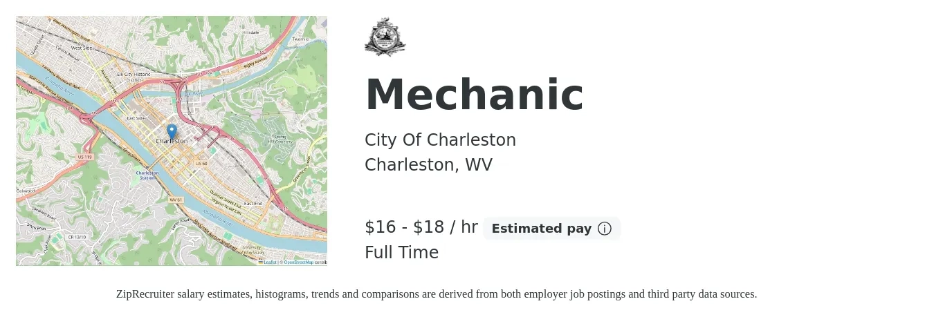 City Of Charleston job posting for a Mechanic in Charleston, WV with a salary of $17 to $19 Hourly with a map of Charleston location.