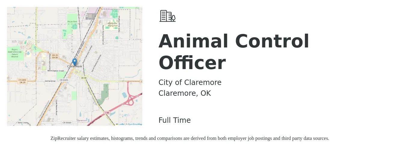 City of Claremore job posting for a Animal Control Officer in Claremore, OK with a salary of $15 to $16 Hourly with a map of Claremore location.