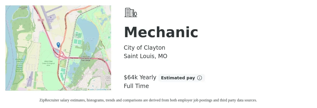 City of Clayton job posting for a Mechanic in Saint Louis, MO with a salary of $31 Hourly with a map of Saint Louis location.