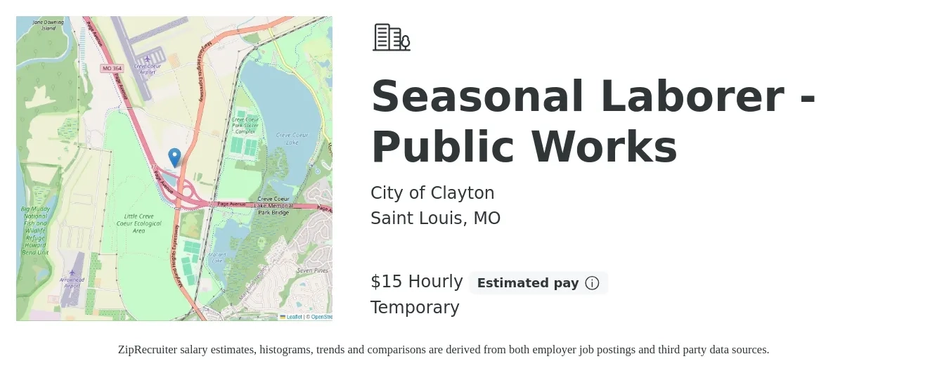 City of Clayton job posting for a Seasonal Laborer - Public Works in Saint Louis, MO with a salary of $16 Hourly with a map of Saint Louis location.
