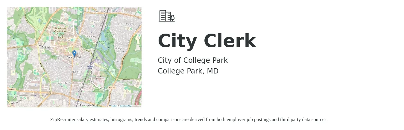 City of College Park job posting for a City Clerk in College Park, MD with a salary of $98,731 to $106,136 Yearly with a map of College Park location.