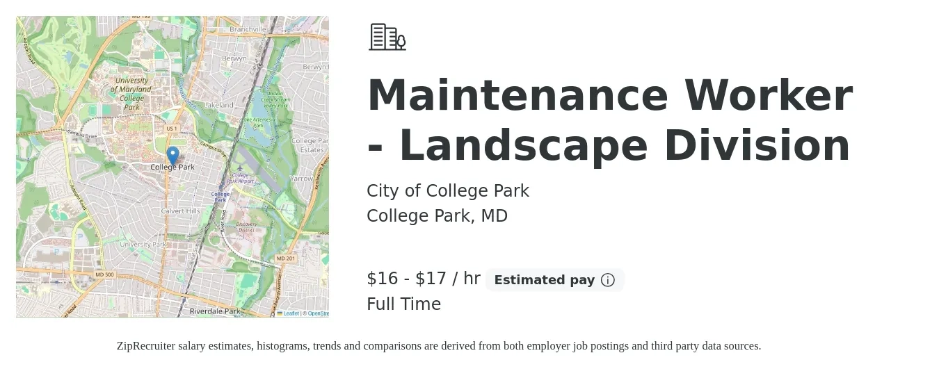 City of College Park job posting for a Maintenance Worker - Landscape Division in College Park, MD with a salary of $18 to $18 Hourly with a map of College Park location.