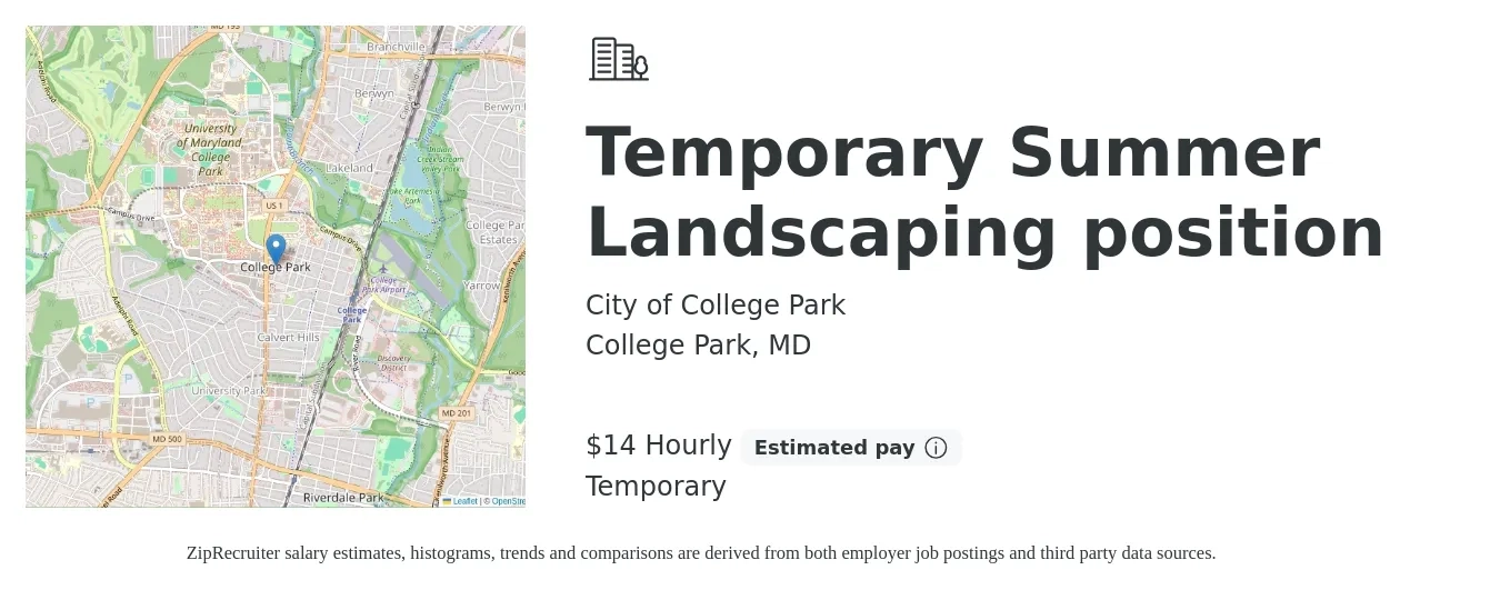 City of College Park job posting for a Temporary Summer Landscaping position in College Park, MD with a salary of $15 Hourly with a map of College Park location.
