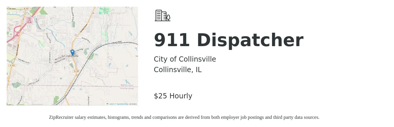 City of Collinsville job posting for a 911 Dispatcher in Collinsville, IL with a salary of $27 Hourly with a map of Collinsville location.
