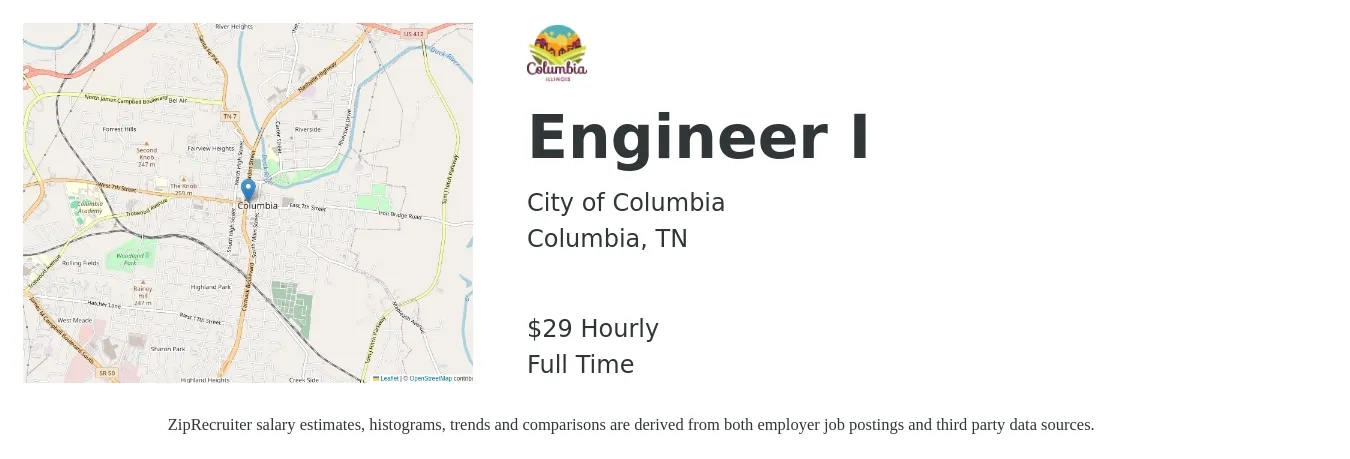 City of Columbia job posting for a Engineer I in Columbia, TN with a salary of $31 Hourly with a map of Columbia location.
