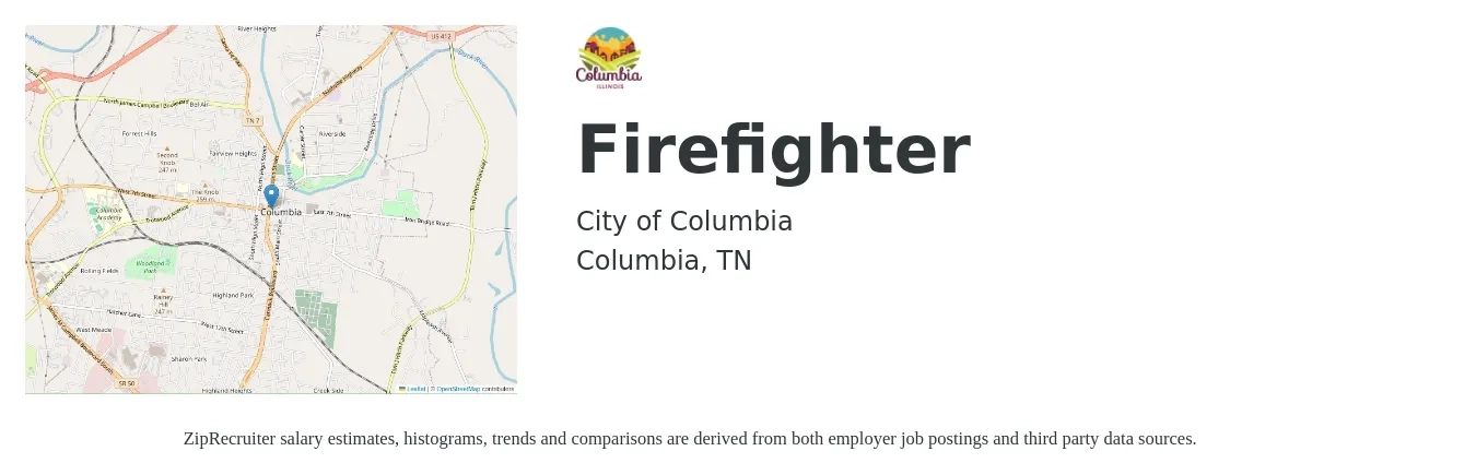 City of Columbia job posting for a Firefighter in Columbia, TN with a salary of $38,900 to $59,000 Yearly with a map of Columbia location.