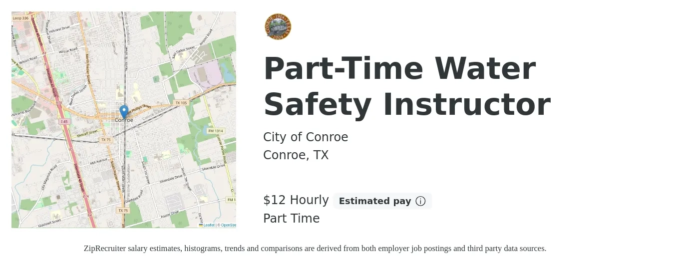 City of Conroe job posting for a Part-Time Water Safety Instructor in Conroe, TX with a salary of $13 Hourly with a map of Conroe location.