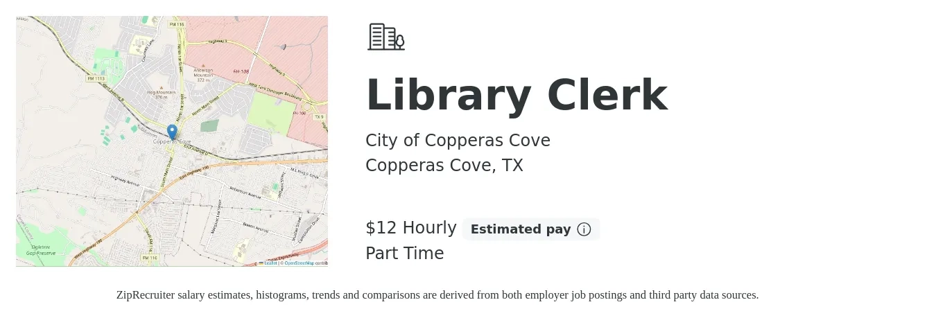 City of Copperas Cove job posting for a Library Clerk in Copperas Cove, TX with a salary of $13 Hourly with a map of Copperas Cove location.