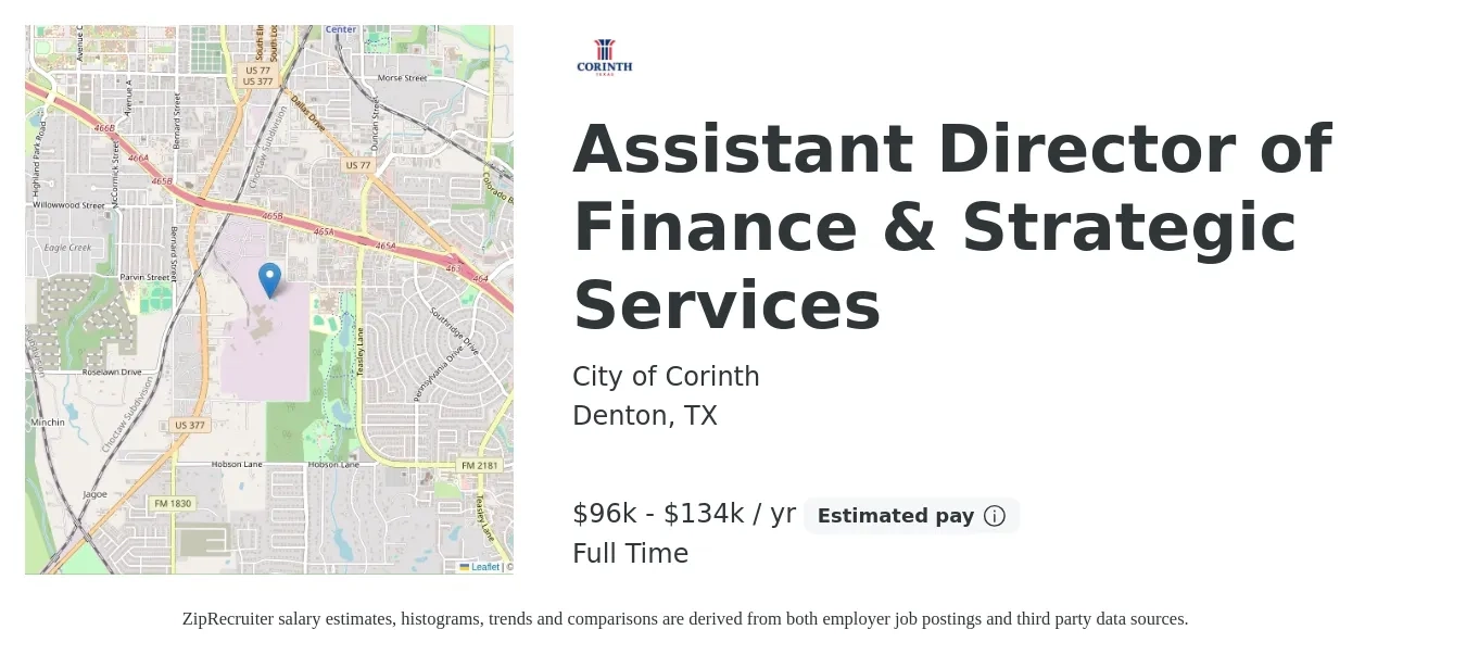 City of Corinth job posting for a Assistant Director of Finance & Strategic Services in Denton, TX with a salary of $96,325 to $134,846 Yearly with a map of Denton location.