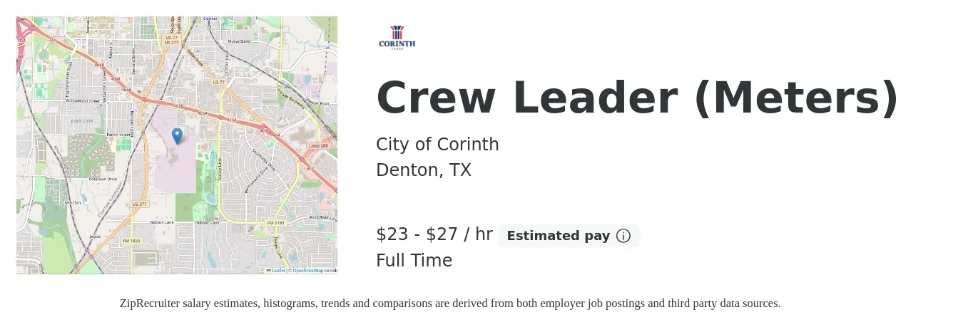 City of Corinth job posting for a Crew Leader (Meters) in Denton, TX with a salary of $24 to $29 Hourly with a map of Denton location.