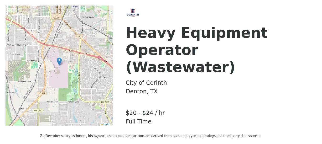 City of Corinth job posting for a Heavy Equipment Operator (Wastewater) in Denton, TX with a salary of $21 to $25 Hourly with a map of Denton location.