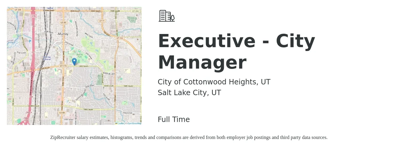 City of Cottonwood Heights, UT job posting for a Executive - City Manager in Salt Lake City, UT with a salary of $70,500 to $124,100 Yearly with a map of Salt Lake City location.