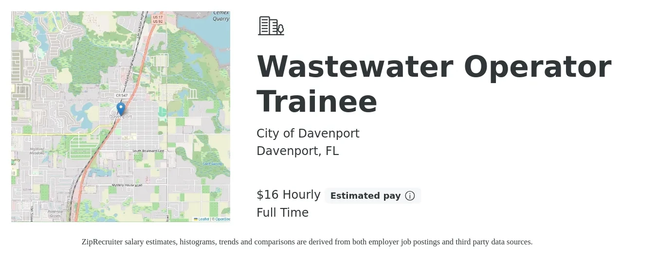 City of Davenport job posting for a Wastewater Operator Trainee in Davenport, FL with a salary of $17 Hourly with a map of Davenport location.