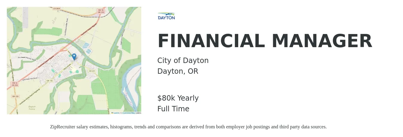 City of Dayton job posting for a FINANCIAL MANAGER in Dayton, OR with a salary of $80,558 Yearly with a map of Dayton location.