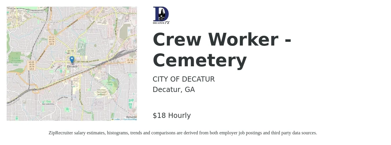 CITY OF DECATUR job posting for a Crew Worker - Cemetery in Decatur, GA with a salary of $19 Hourly with a map of Decatur location.